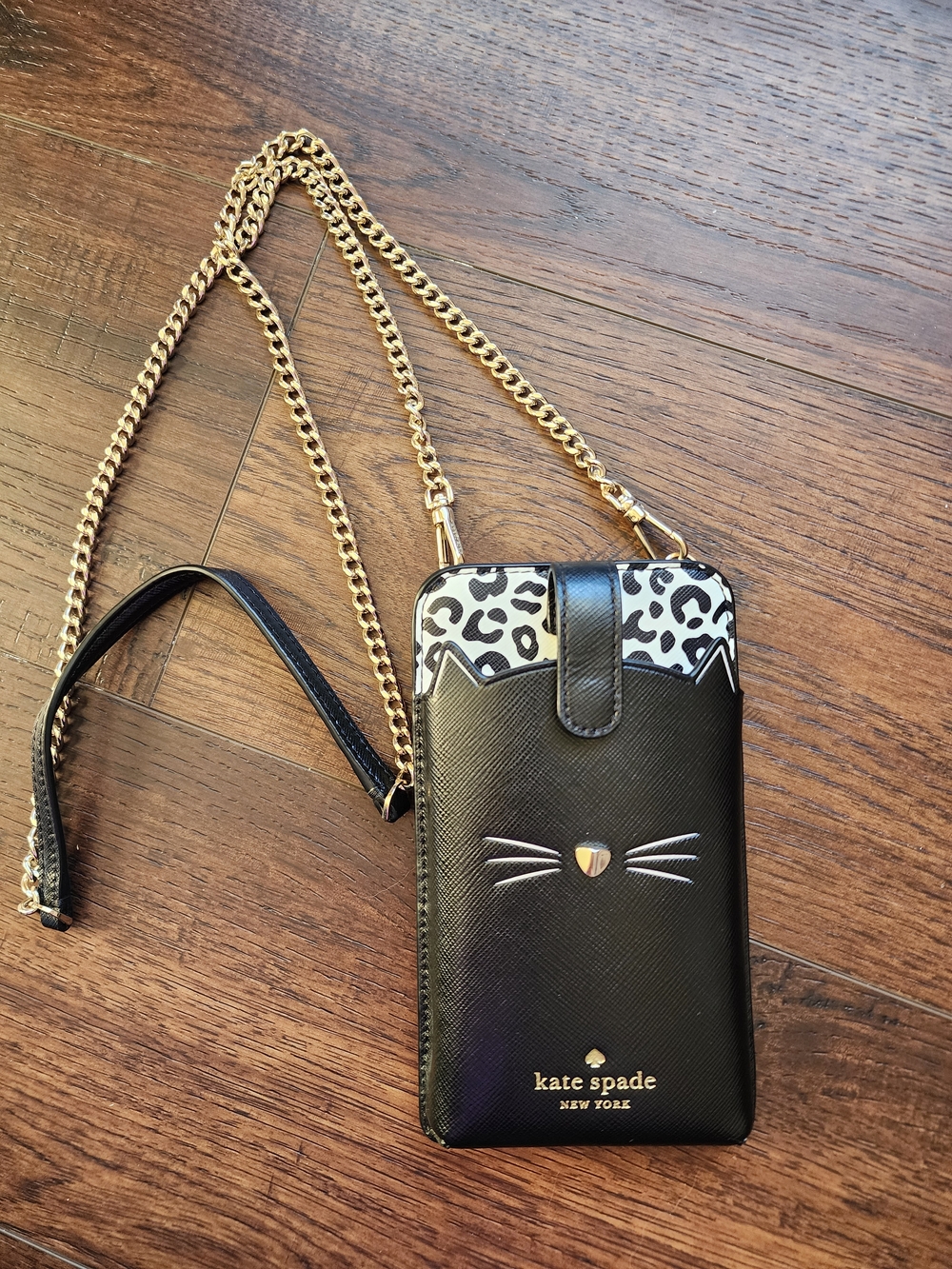 kate spade Black Leopard-Trim Cat Crossbody Phone Pouch